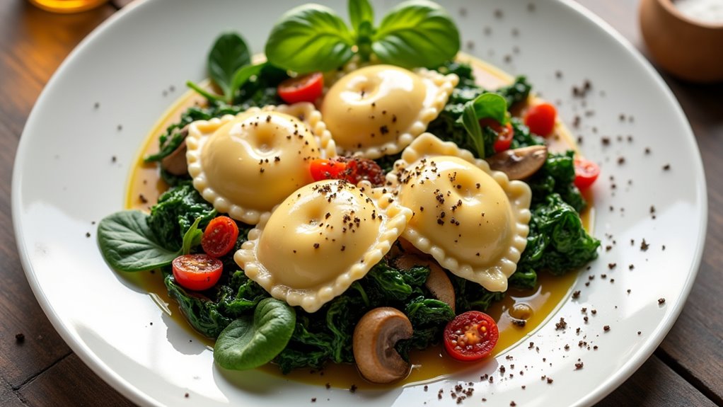 mushroom ravioli with spinach